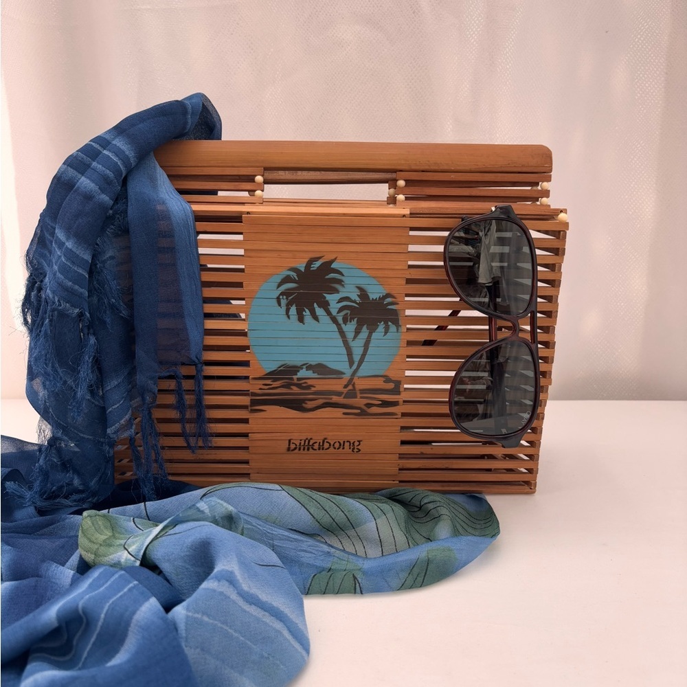 Billabong Bamboo Slatted Wood Tote Beach Bag Boho Chic Tropical Palm Print - Picture 6 of 9